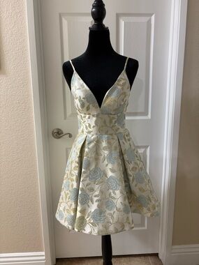 B Darlin Cream Floral A-Line Prom Dress with Light Blue Roses